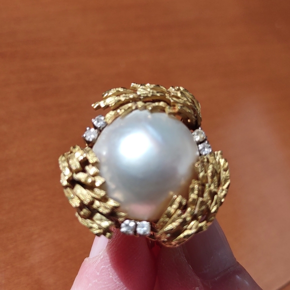 Mabe pearl 18kt Yellow Gold Ring, diamonds, estate Ring vintage - Picture 5 of 16